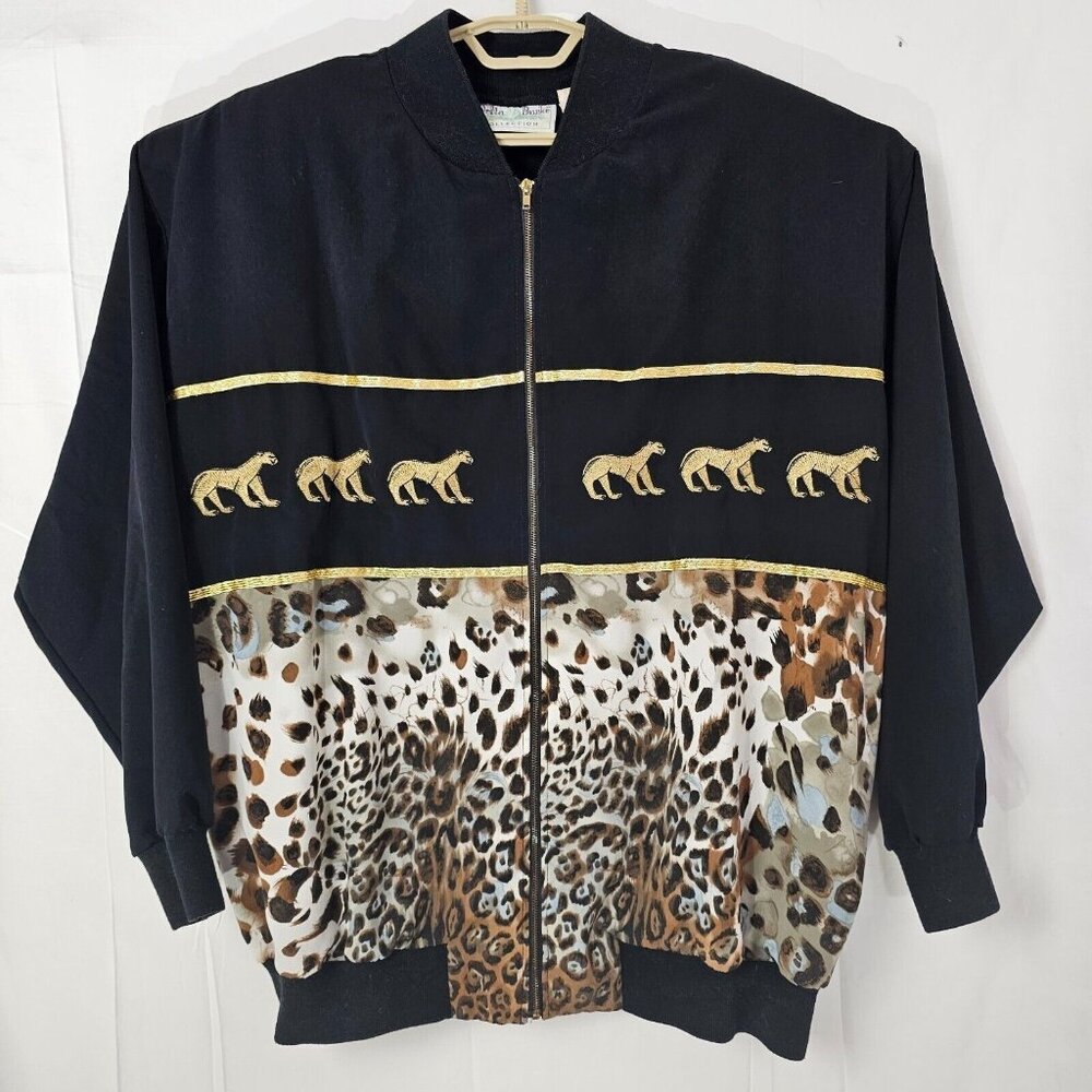 Delta Burke Black and Leopard-Print Bomber Jacket with Gold Trim